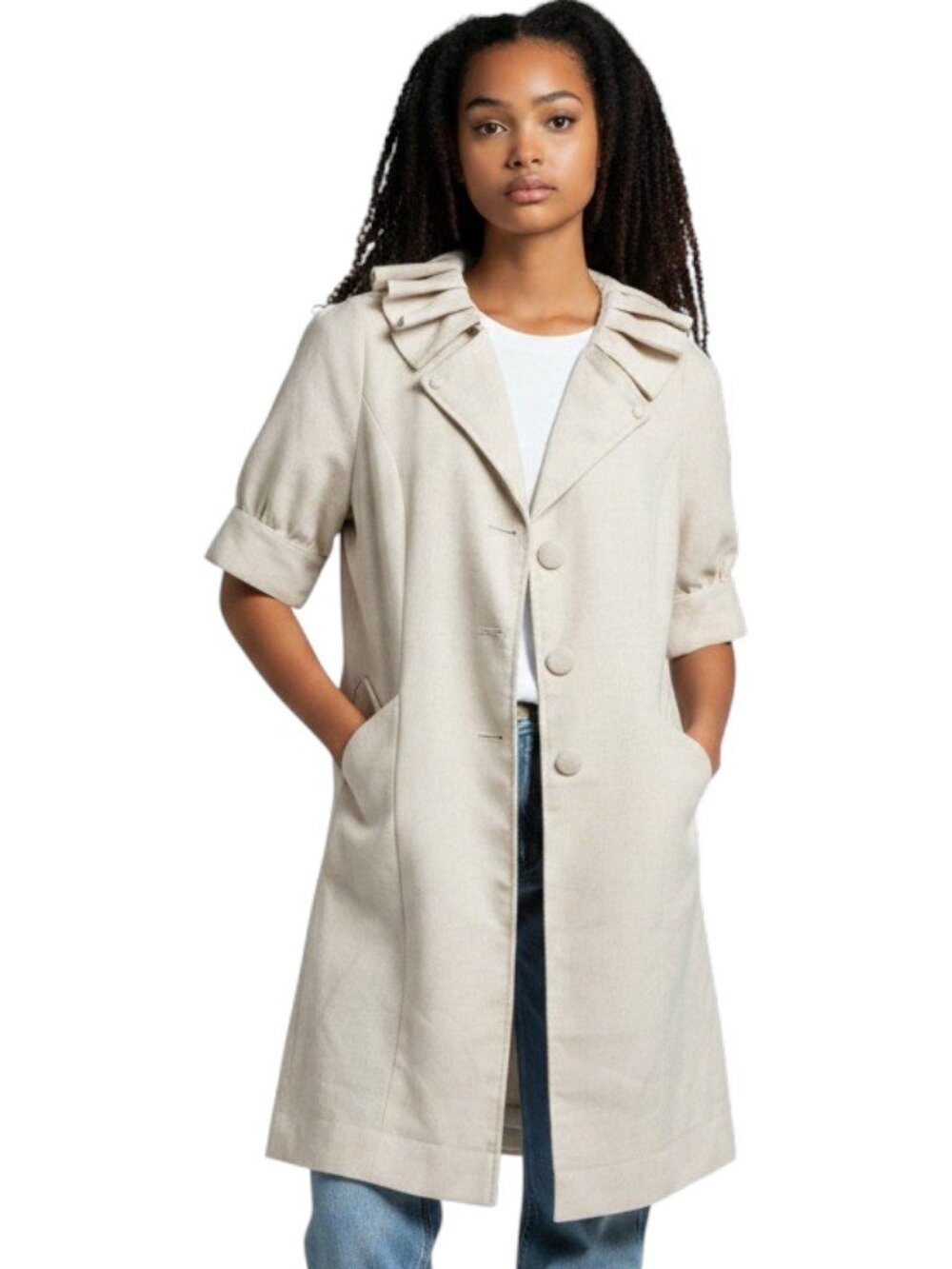 Frenchic Ruffle Collar Duster Coat Cream Ivory Short Sleeve Button Front Size L